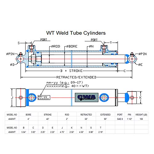 Image of WT Weld Cross Tube Hydraulic Cylinder 4 inch Bore x 40 inch Stroke x 2 inch Rod x SAE 8 Port x 3000 PSI