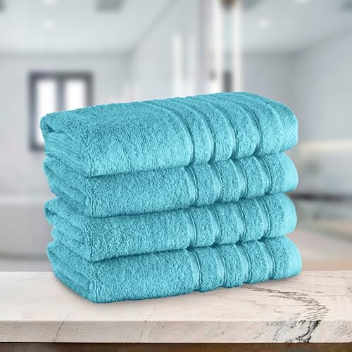 Image of Elegant Comfort 100% Turkish Cotton 4 Lines Viscose Stripe Luxury 4 Pack Hand Towel Set - Ultra Absorbent and Soft 16 x 28 Inch Premium Hotel Spa Quality Towels for Everyday Bath Use, Aqua