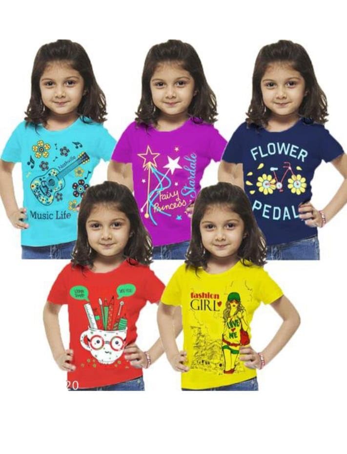 Image of Girls Printed Cotton Half Sleeve Regular Fit Casual t-Shirts Set Combo (Pack of 5)