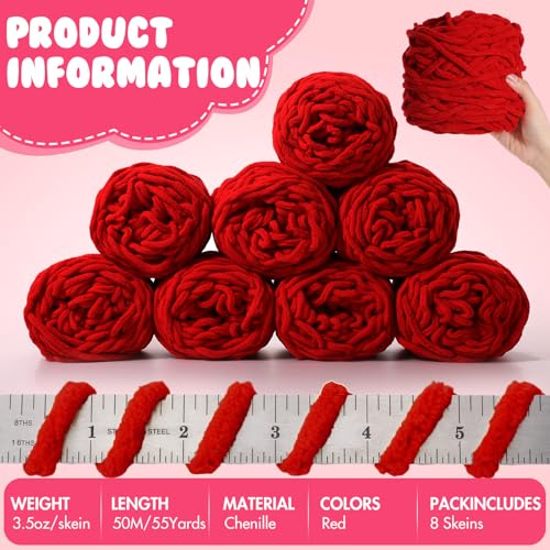 Image of Buryeah 8 Pack Chunky Chenille Yarn for Crocheting Soft Thick Fluffy Yarn for Hand Knitting Bulky Velvet Blanket Plush for Weaving DIY Crafts Each 3.5 oz 55 Yards (Red)