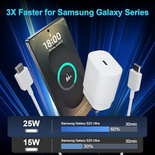 Image of 25W Samsung Super Fast Charger with Type-C to C Cable for M17 /A17 /M17e /M56 /F17 /M56, M07 /F07 /M06 /M05 /M16 /M15 /M36 /M35 /A16 /F06 /A36 /M14 /F14 /A14 /M34 /F35 /5G /Tablet /Pad /Charging Quick Adapter