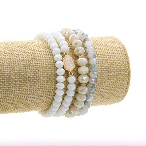 Gold Beaded Bracelet Set, Square Stone Hexagon Druzy Stretch Beaded Stackable Bracelets Bangles3