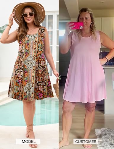 Image of JollieLovin Women Plus Size Curvy Summer Tank Sun Dresses Sleeveless Causal T-Shirt Dress Beach Swing Cover up(L-5X)