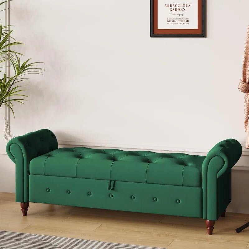 Image of LEGACY OF COMFORT F4 Velvet Upholstered Storage Bench Sofa Bench Sofa couches Rolled Arm Window Bench Ottoman Bench 2 Seater Sofa Chaise Lounger or Living Room Bedroom Office (Green Velvet)
