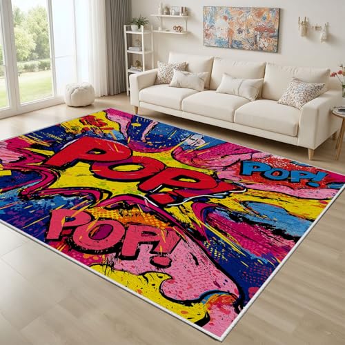 Dyjuaa Pop Art Tapis Salon 160 x 230 cm Bande Dessinée Tapis Chambre d'enfant Lavable en Machine Antidérapant Graffiti Coloré Carpet Poils Ras pour Cuisine,...
