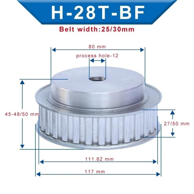 Professional H28/29 H-type BF Shape Timing Belt Pulleys, Teeth Number 28/29, Tooth Pitch 12.7mm, Slot Width 27/32mm(H28,32mm)
