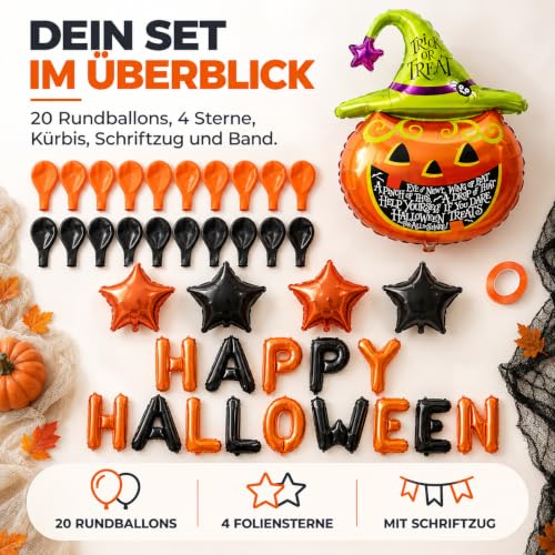 Halloween Ballon-Set Orange Schwarz – 20 Luftballons, Happy-Halloween-Schriftzug, Kürbis mit Hexenhut, 4 Foliensterne und Band… – Ansicht 4