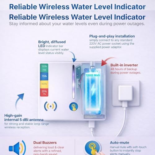Image of Wireless Water Tank Overflow Alarm Swarn Jal, 4 Levels Water Level Indicator with Overflow & Empty Alarm, Long Range up to 5 Floors or 1 km, Brass Sensors, No WiFi or SIM Required, 1 Year Warranty