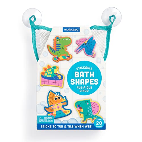 Image of Mudpuppy Rub-a-Dub Dinos – 20 Stickable Dinosaur Themed Foam Shapes for Bath Time Entertainment with Mesh Storage Bag for Ages 2 and Up