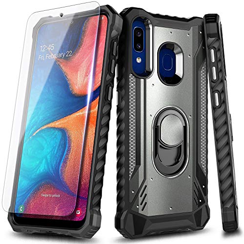 E-Began Phone Case for Samsung Galaxy A20/A30/A50/A30s/A50s with Tempered Glass Screen Protector, Aluminum Metal Built-in Magnetic Ring Stand, Full-Body Protective Shockproof Military Case -Gray