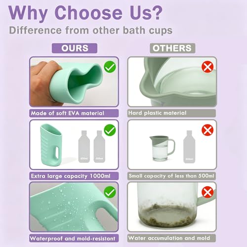 Image of Babylush Baby Bath Rinse Cup & Rinser - 1000ml Soft EVA, 0.3lb Lightweight, BPA-Free Bath Water Pourer, Baby Bath Pitcher, Shower Cup for Kids (Green)