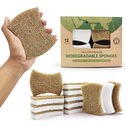 Biodegradable Natural Kitchen Sponge - Compostable Cellulose and Coconut Walnut Scrubber Sponge - Pack of 12 Eco Friendly Sponges for Dishes - Handy Shape