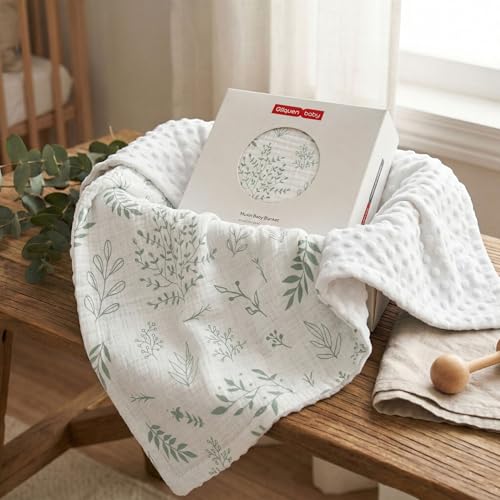 Image of GLLQUEN BABY Blankets for Boys Girls, Soft Muslin Cotton Front Dotted Fleece Backing, Nursery Minky Crib Blanket for Infant Toddler, 30 x 40 inches Throw Blanket, Green & Leaves