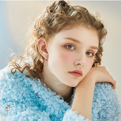 Gold Plated Hoop Earrings with Red Heart Charm, Light Blue Enamel Huggie Hoops, Cute Colorful Statement Earrings for Women4