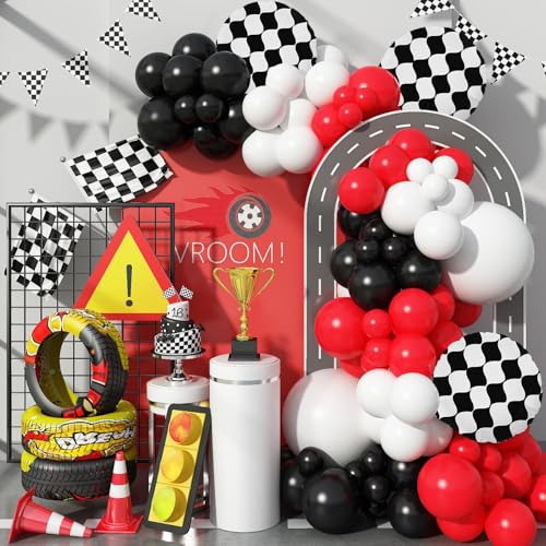 Image of Racing Car Balloons Arch Garland Kit, Red and Black White Checkered Foil Balloons Garland Kit, Wheels Balloon for Boys Birthday Baby Shower Race Car Theme Party Decorations Supplies
