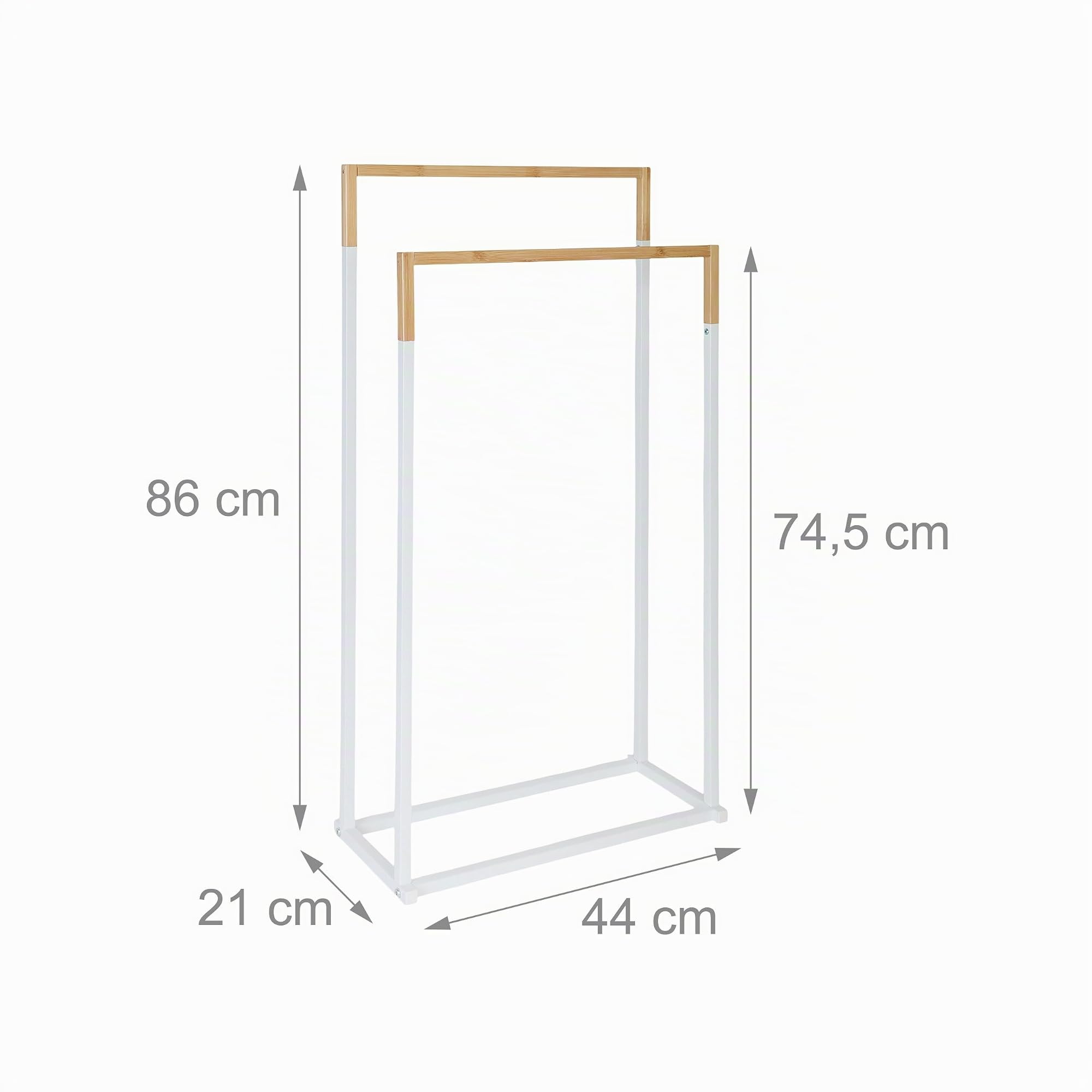 Toallero Relaxdays, HxBxT: 86 x 44 x 21 cm, Metal, bambú, 2 Barras, toallero de pie, Blanco/Natural