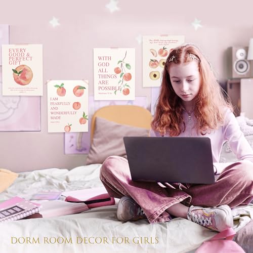Image of LARTSFRO Coquette Pink Peach Fruits Wall Art Decor Posters, Cute Pink Peach Christian Room Bathroom Bedroom Dorm Wall Art Decor Aesthetic for College Teen Girls Gifts, Inspirational Bible Verses Wall Decor, 10x8 Inch Set of 4 Pcs Fruits Pictures (UNFRAMED)