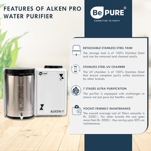 Image of Bepure Alken Pro ISI Mark NF60 Stainless Steel Tank 9L NF+UV Water Purifier| Nano Filtration Technology| Steel Tank Water Purifier| Ideal for TDS upto 500 ppm