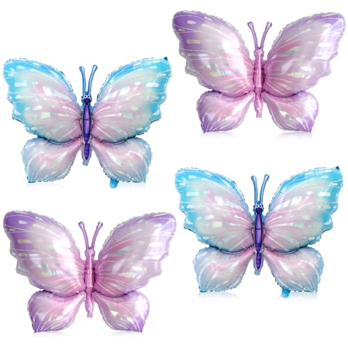 XXL Ballons Papillon, 4 Pièces en Papier Aluminium, Bleu et Violet, Décorations pour Baby Shower, Mariage, Anniversaire Fille, Fête de Jardin