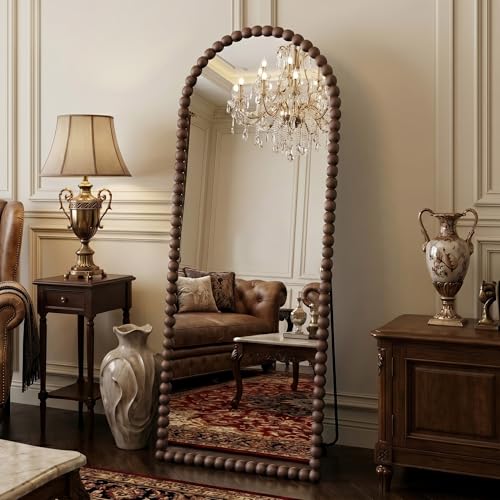 Antok 58 x 21 Arched Full Length Mirror Antique Beaded Frame Floor Standing or Wall Mounted Mirror with Stand for Bedroom Entryway Brown Luxury Style