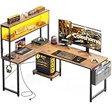 Coleshome Gaming Tisch L Form mit LED & Steckdosen, 135 × 100 cm Reversibel Gaming Schreibtisch mit Ablageregalen, Eckschreibtisch mit Aufbewahrungstasche für Homeoffice und Gaming, Vintage-Braun