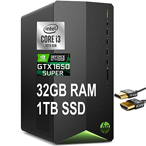 Flagship 2022 HP Pavilion Gaming Desktop Computer 10th Gen Intel Quad-Core i3-10100 (Beats i5-8600T) 32GB RAM 1TB SSD GeForce GTX 1650 Super 4GB USB-C WiFi5 BT4.2 Win10 Black + iCarp HDMI Cable