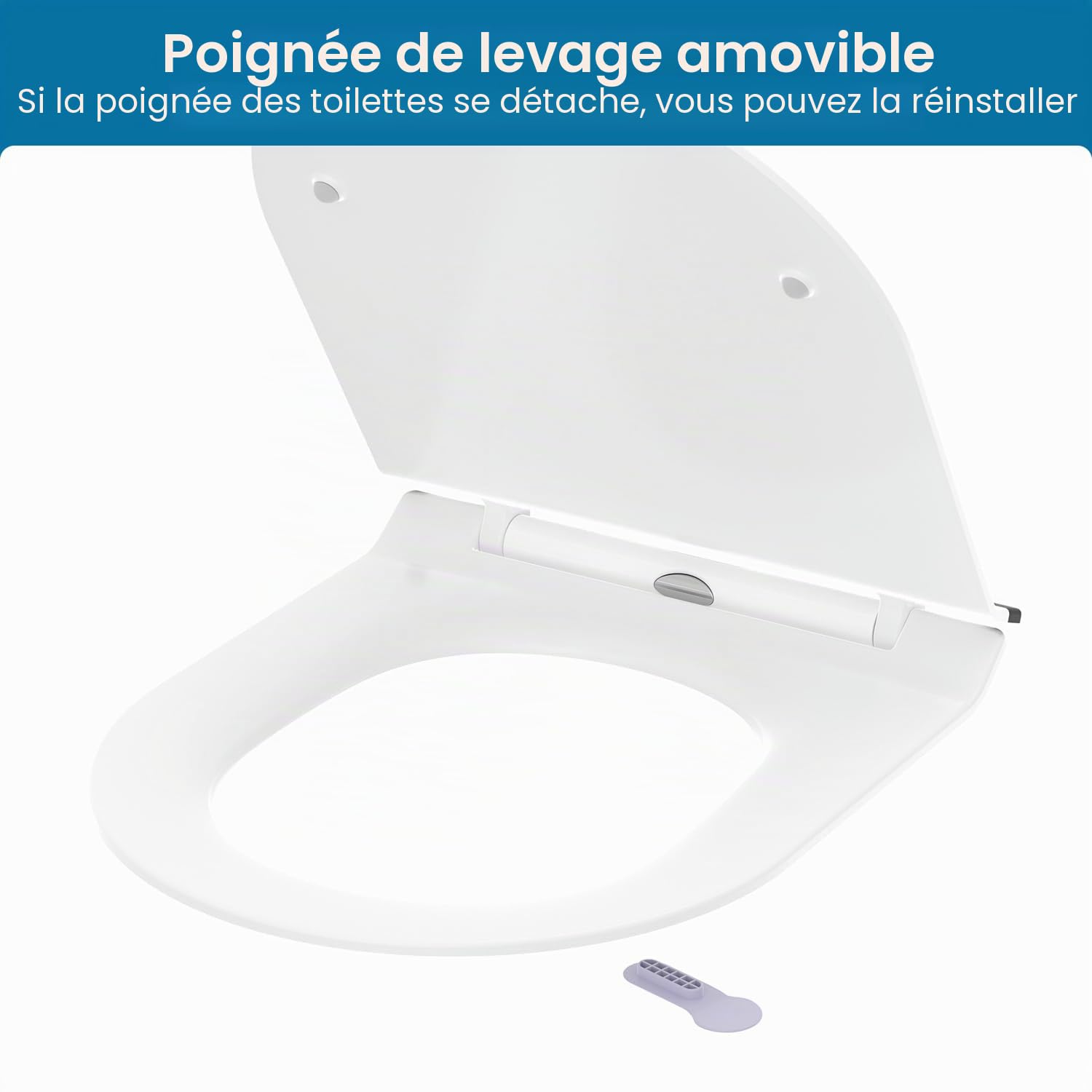 Abattant WC Ultra-mince Forme D[COURT], Lunette de Toilette avec Frein de Chute, Siège de toilette en Urée-formaldéhyde avec fonction détachable, 42,5 * 36,2 cm