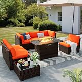 VONZOY 8 Pieces Outdoor Patio Furniture Set with 44' Fire Pit Table Rattan Sectional Conversation Sets w/Gas Fire Pit, Coffee Table, 2 Waterproof Covers, Orange