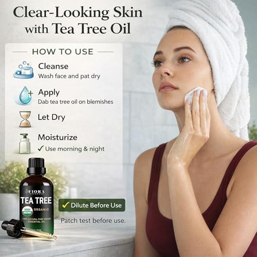 Image of Tea Tree Oil - 100% Pure Organic Tea Tree Essential Oil for Skin, Face, Hair, Scalp, Nails, and Toenail - Therapeutic Grade Tree Tea Oil for Acne & Hair Growth - 1 fl oz - By Fiora Naturals