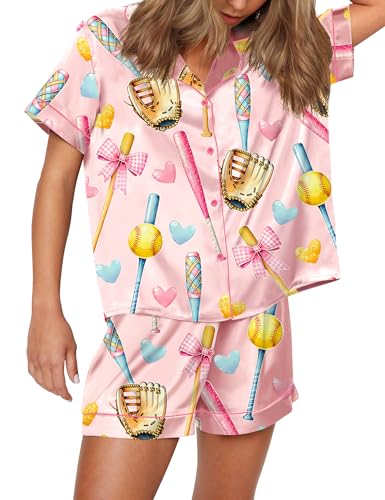Image of SHESHOW Pajamas for Women Set Satin Button Down Short Sleeve Top and Shorts Pjs Sets Sport Ball Print Sleepwear XS-XXL