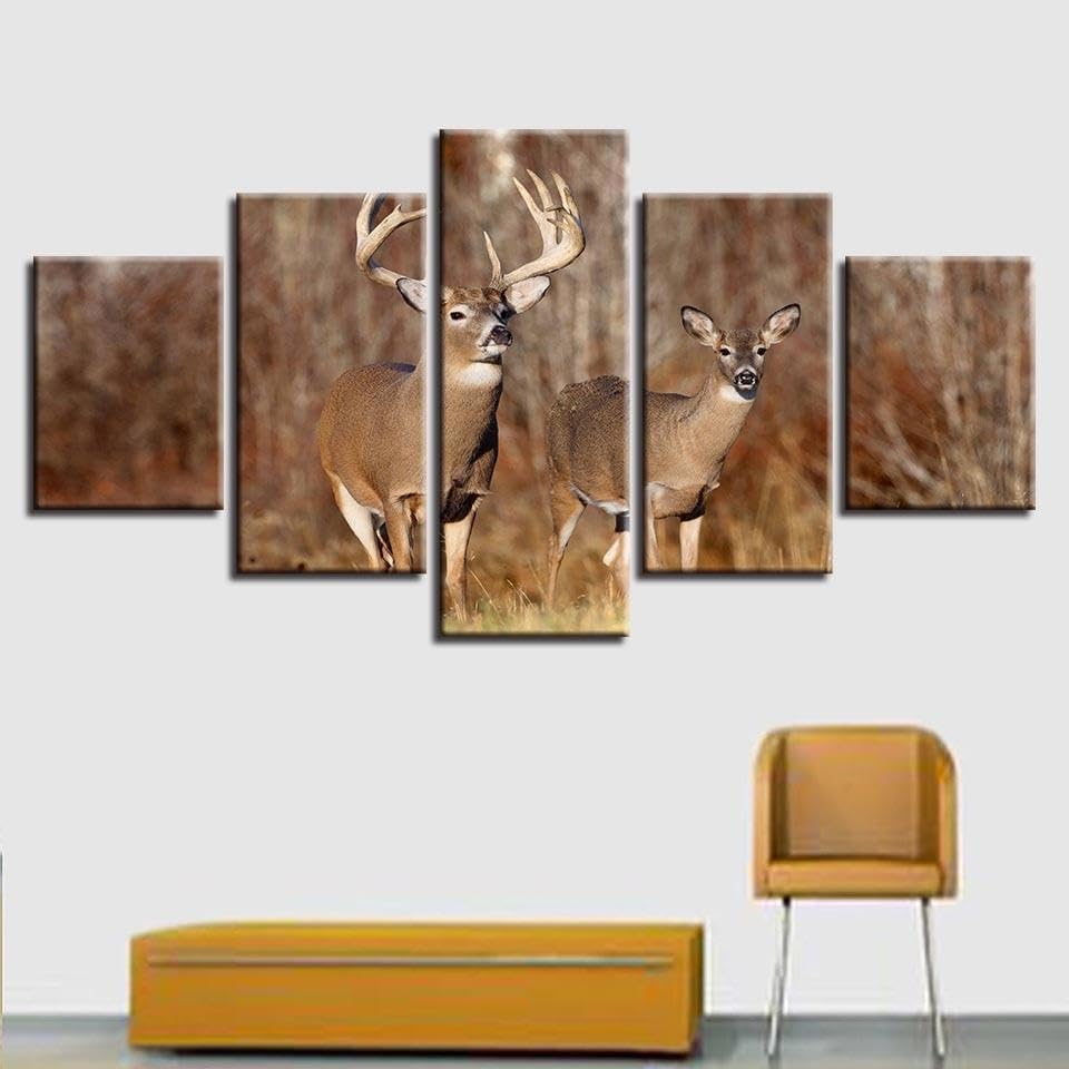 Decoration murale salon grand format : tableau wapiti en toile intissée 5 parties pour chambre