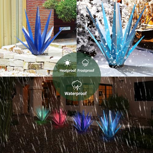 Image of KODIBO Large Metal Agave Plant Outdoor Decor with Solar Light, Dark Blue