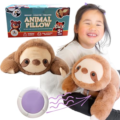 Snugglekid Sloth Sensory Weighted Vibrating Pillow, Pressure Activated for Kids Adults, Plush Minky Soft Size: 11 by 20 inches Pillow Animal, Calming Therapy for Focus and Balance for Gift Birthday