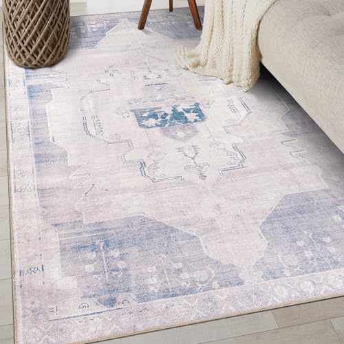Rugshop Vintage Medallion Machine Washable Non Slip Area Rug Ideal for Living Room, Bedroom,Kitchen,Entryway,Dining Room,Office 3'3" x 5' Blue/Cream