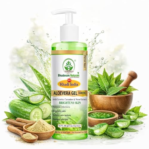 Image of Khadi Organic and Natural Aloe Vera Gel Green for Glowing Face Skin | Natural Moisturizer for Skin | Soothes Sunburn & Acne | Non-Sticky Herbal Formula | For Men & Women | 500ml