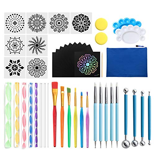 Kit Mandala Peinture, 47 pcs Mandala Dotting Tools,Outils de Pointage Palette de Mandala Pochoir Pinceau de Peinture de Tailles Différentes, pour Travaux Artisanat de Poterie Dessin DIY Nail Art Cover