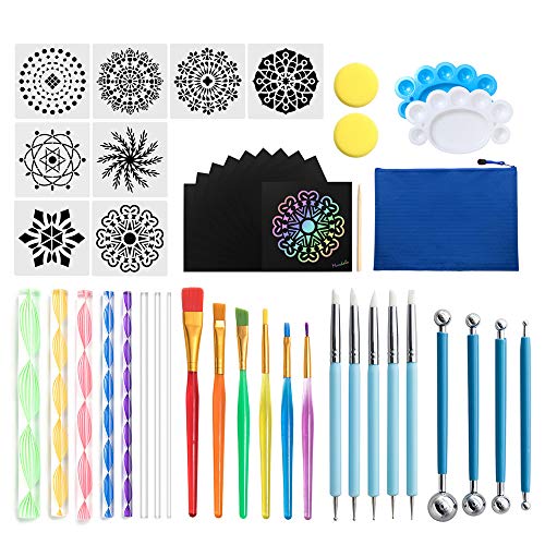 Kit Mandala Peinture, 47 pcs Mandala Dotting Tools,Outils de Pointage Palette de Mandala Pochoir Pinceau de Peinture de Tailles Différentes, pour Travaux Artisanat de Poterie Dessin DIY Nail Art