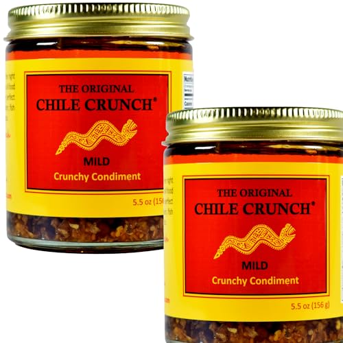 CHILE CRUNCH - Mild Spicy Crunchy Condiment - All Natural Roasted Chili Peppers, Garlic &amp; Onion Crisp Sauce - Vegan, Gluten-Free, No Preservatives - Homemade Authentic Mexican Recipe 5.5oz (2 Pack)
