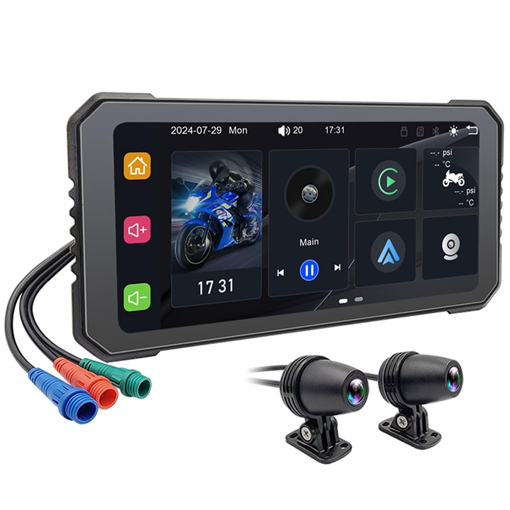 6,25 Motorrad-DVR, Kabelloses CarPlay für Android Auto, GPS-Navigationsmonitor, Bluetooth, Wasserdichter Touchscreen