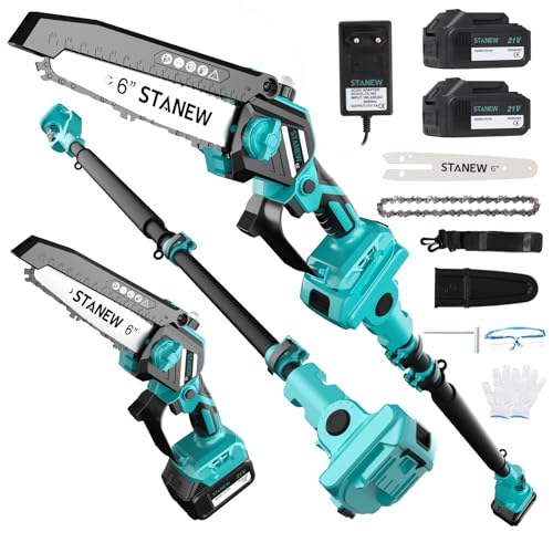 Tronçonneuse télescopique 2 en 1 STANEW, mini tronçonneuse sans balais avec 2 x 4000mAh batteries, 6 Pouces, hauteur de travail max. 4,55 m, réglage...