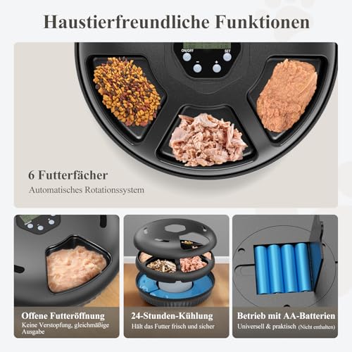 Zyncove Futterautomat Katze Nassfutter mit Kühlung: Nassfutterautomat für Katzen, Batteriebetriebener katzenfutter Automat - 6 Mahlzeiten für Haustiere Black(Batterien nicht im Lieferumfang enthalten)