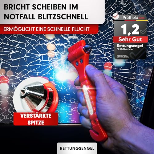 RETTUNGSENGEL® 2in1 Notfallhammer mit Gurtschneider fürs Auto [2er Set] | Gehärtete Spitzen, Testsieger, Inkl. Reflektor | Nothammer Gurtmesser als Rettungswerkzeug im Notfall zum Fenster Einschlagen