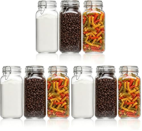 Image of ComSaf 9-Pack 78oz Large Square Airtight Glass Jars for Bulk Food, Holds a 4lb Bag of Sugar or 5lb of Rice, Wide Mouth Canister for Flour, Coffee & Pantry Organization