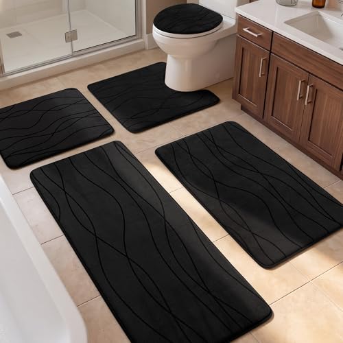 YIHOUSE Bathroom Rugs Set 5 Piece Memory Foam Bath Mat Black
