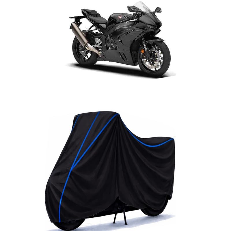 Image of 1000 RR-R Bike Cover Water Resistant Universal Motorcycle Rain | Heavy Duty UV Protection, Dust, Scratch Indoor Outdoor All Weather with Black Blue Piping Elastic