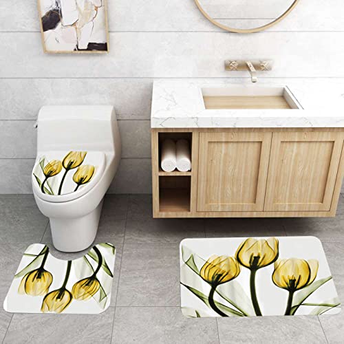 3-teilig Badematten Set, 3D Digitaldruck Blumen Badteppich Sets rutschfest Badvorleger Gelb Waschbar U-Förmiger…