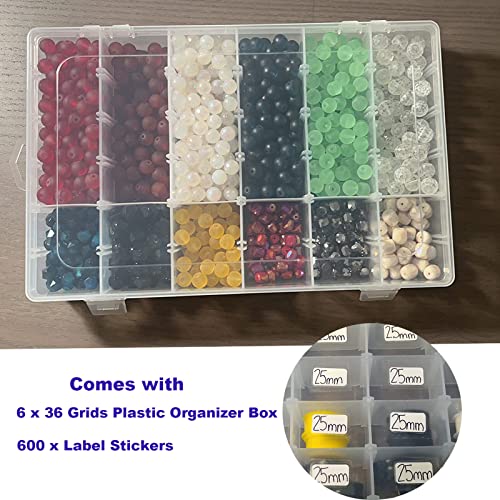Image of 6 Pack 36 Grids Plastic Bead Organizer Box with Dividers and 600 PCS Label Stickers, Clear Small Tackle Box Part for Craft and Bead Storage
