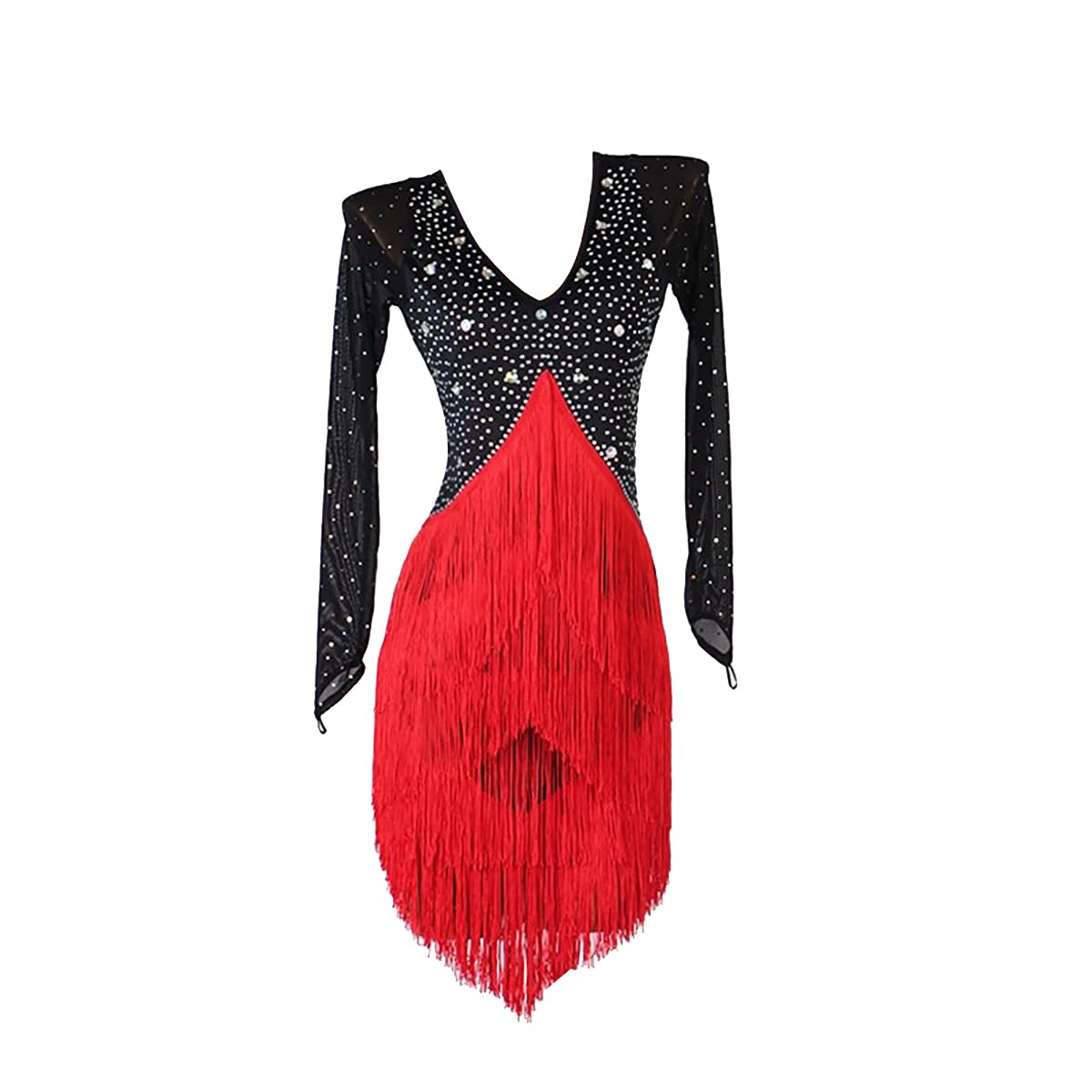 FCDDQM Women's Fringed Latin Dance Dress Mesh Long Sleeve Salsa Costume Rumba Samba Tango Competition Clothes