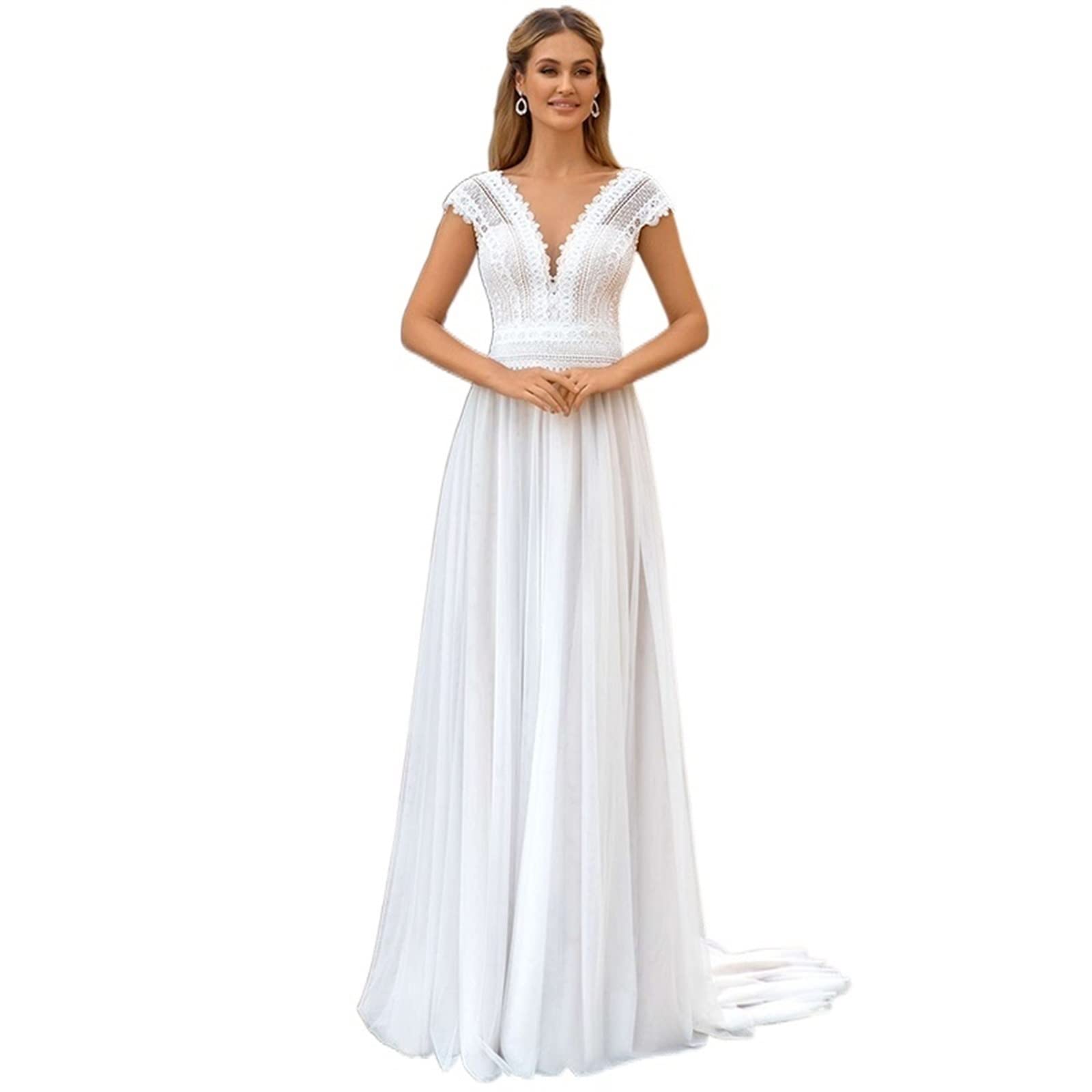 Nouvelle Plage Bohème Robe de Mariée Dentelle v - Cou Nu Robe de Mariée Mariée Ailes Manches Balayage Jupe, Blanc, 40