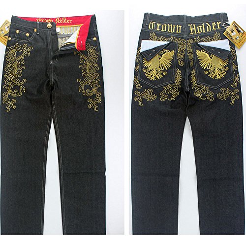 Crazy Men's Hip Hop Embroidery Graphic Baggy Jeans Loose Pants-34 Black #TOP3